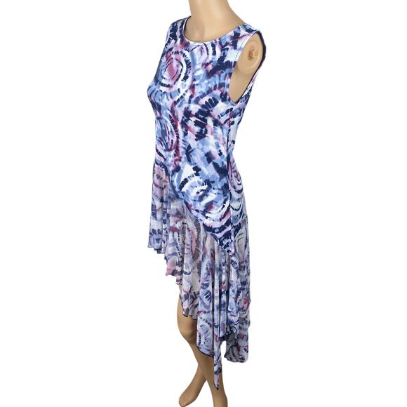 Pyramid Collection Blue Purple Tie Dye Asymmetric Ruffle Hem Top SZ XS - Picture 6 of 9